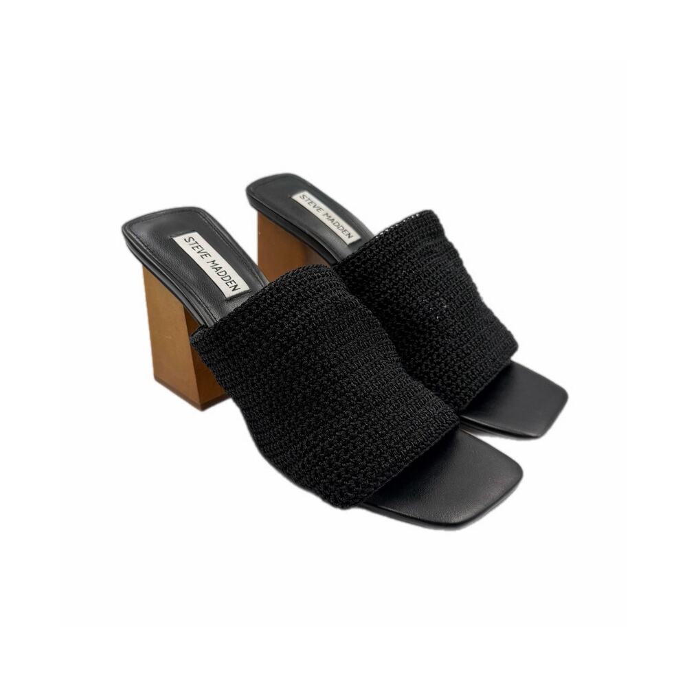 Steve Madden Realize Wood Woven Black Slip On Peep Toe Open Sandal Heeled Mules